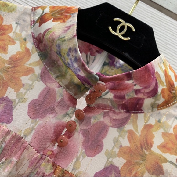 Zimmermann Ivory Floral High-Neck Maxi Dress with Pink and Yellow Blooms - Picture 4 of 8